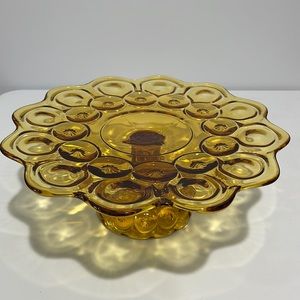Vintage Smith Moon and Stars Amber Glass Pedestal Cake Plate Stand mid-century